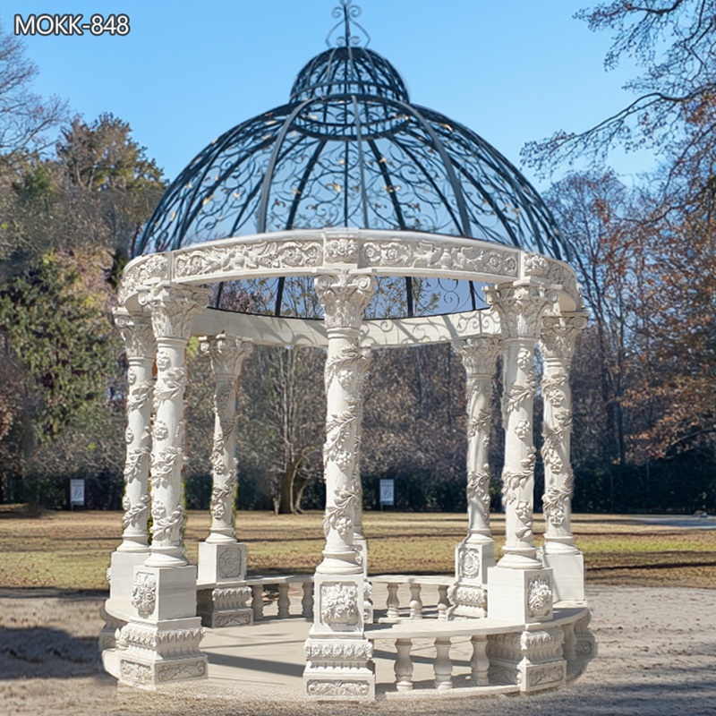 White Marble Gazebo with Flower Carving MOKK-848