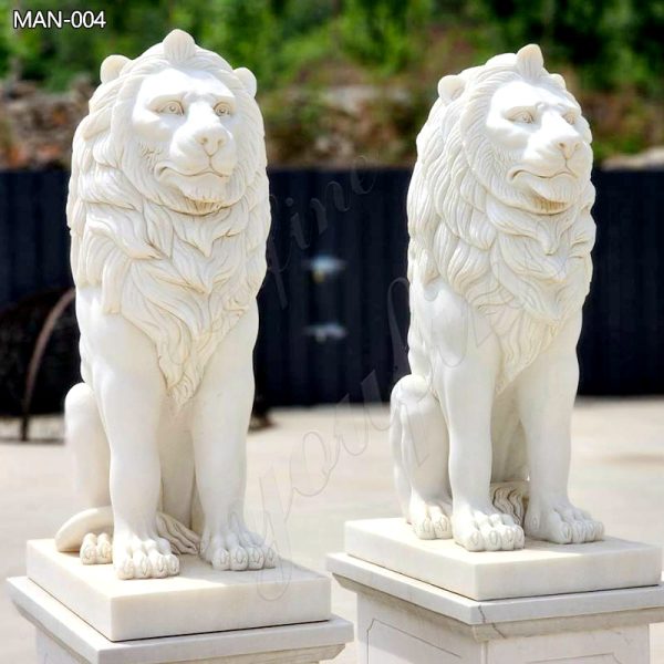 White-Marble-Sitting-Lion-Statue-in-Pair-For-Front-Porch-Decor