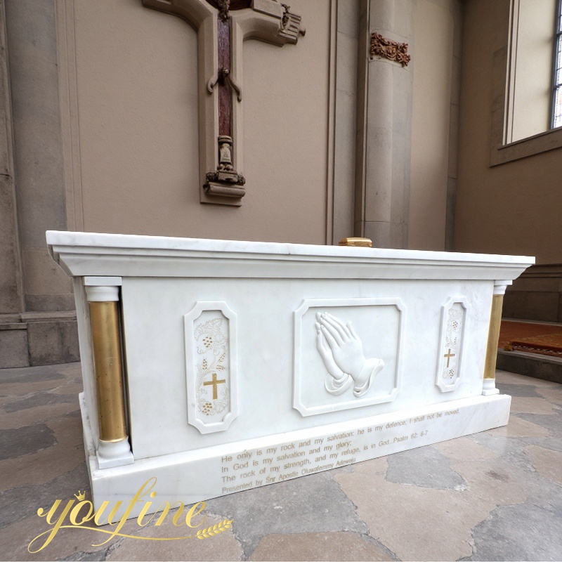 White and gold Marble Altar Table with Hands