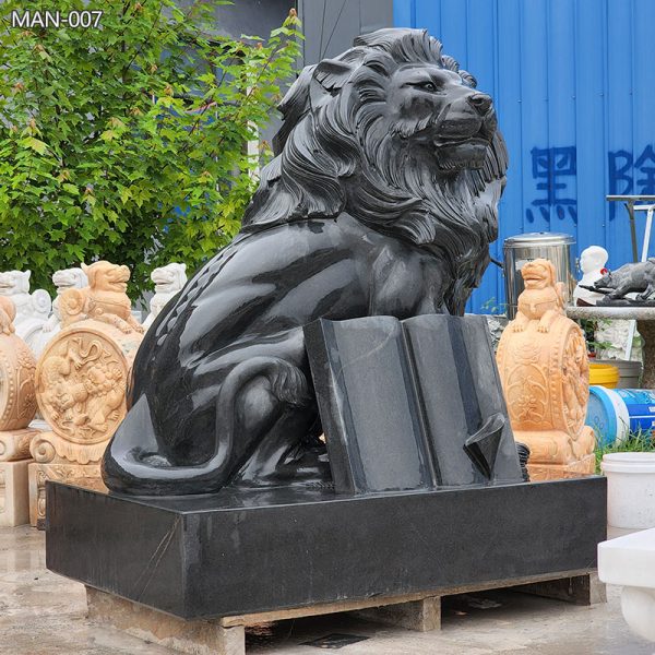 Black-Granite-Lion-Statue-with-Book-Sculpture-for-Sale