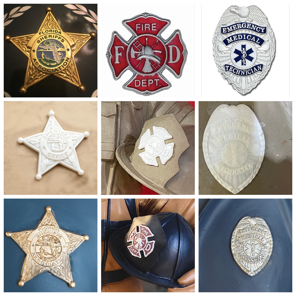 청동 소방관 동상용 맞춤형 배지 상세 정보, 점토 주형 및 완성된 주조품