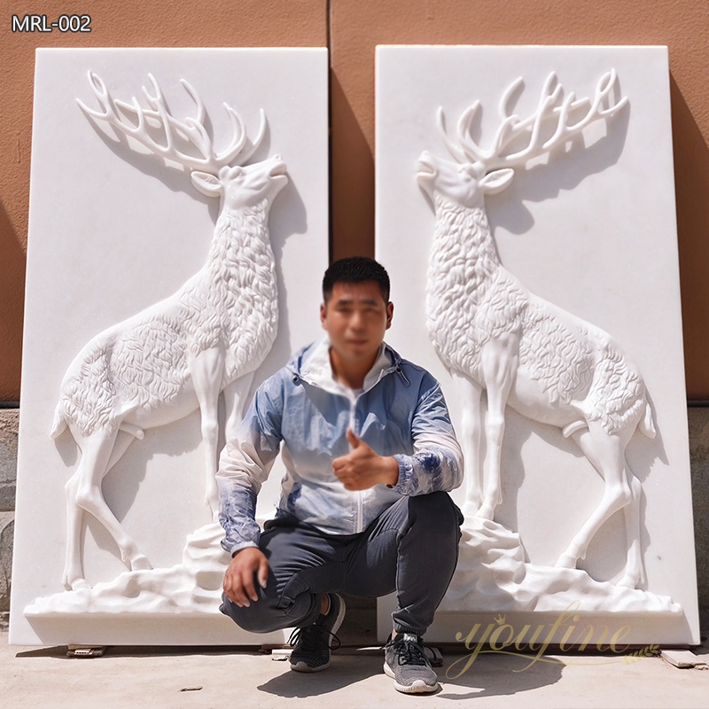 Hand-Carved Lifelike Marble Deer Relief for Sale
