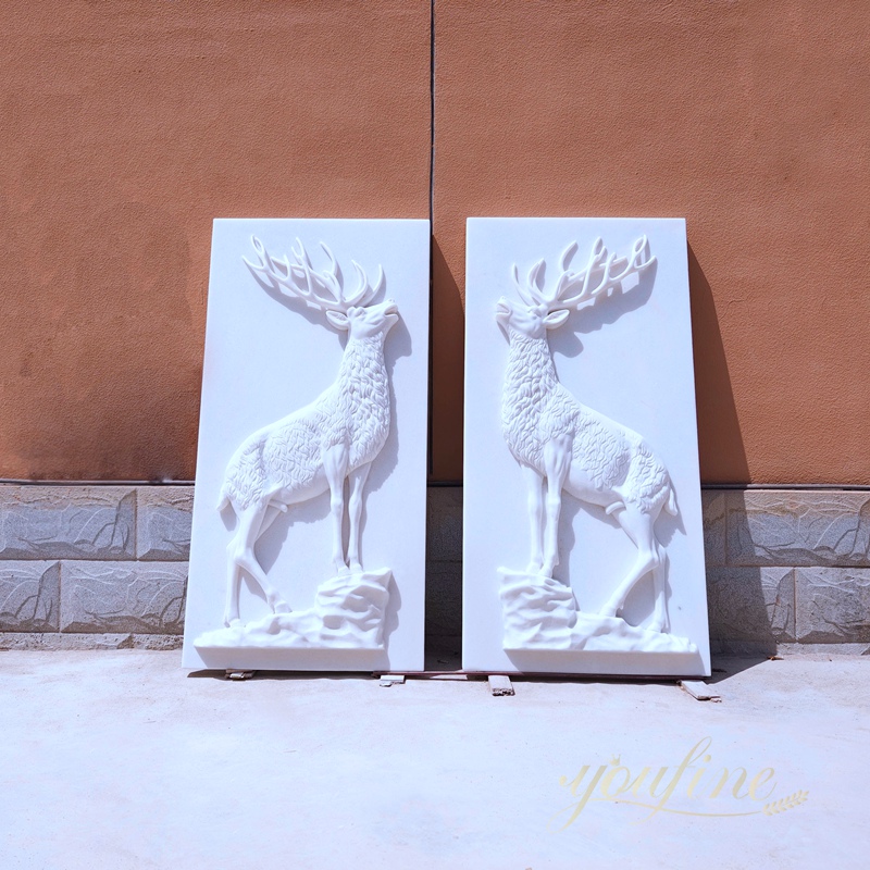 Hand-Carved Lifelike Marble Deer Relief for Sale