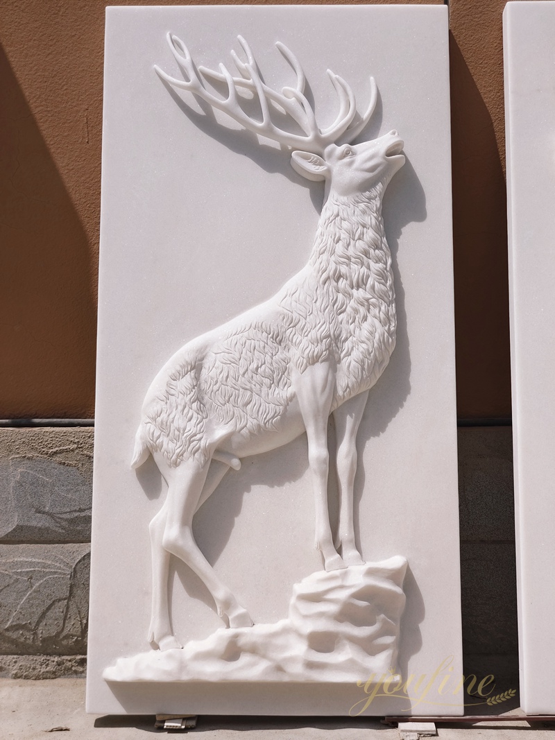 Hand-Carved Lifelike Marble Deer Relief for Sale