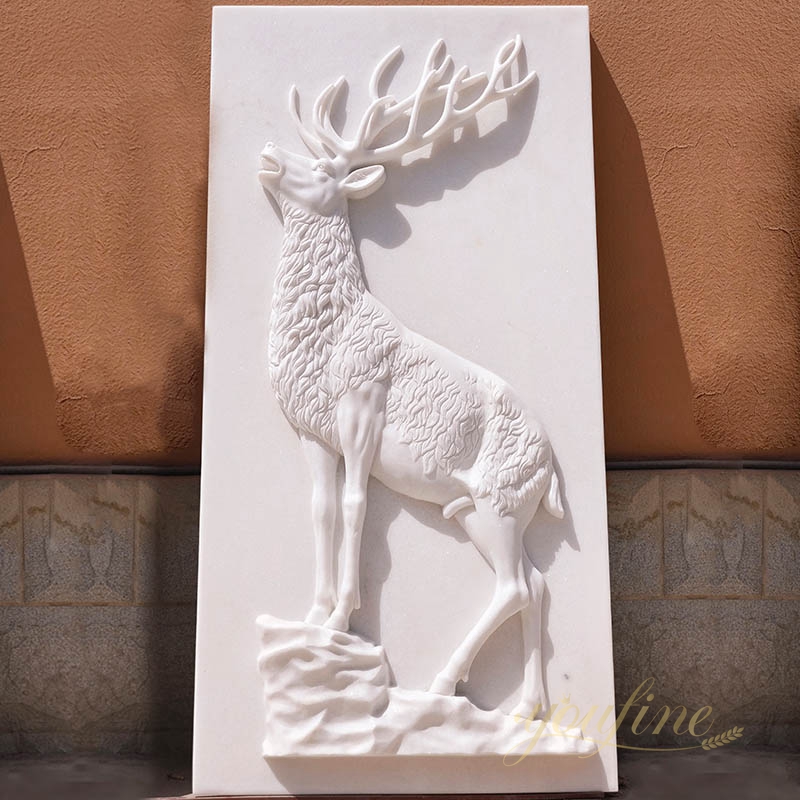 Hand-Carved Lifelike Marble Deer Relief for Sale