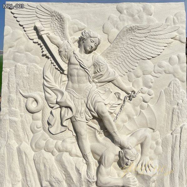 Hand-Carved Natural Marble St. Michael the Archangel Relief Sculpture for Wall