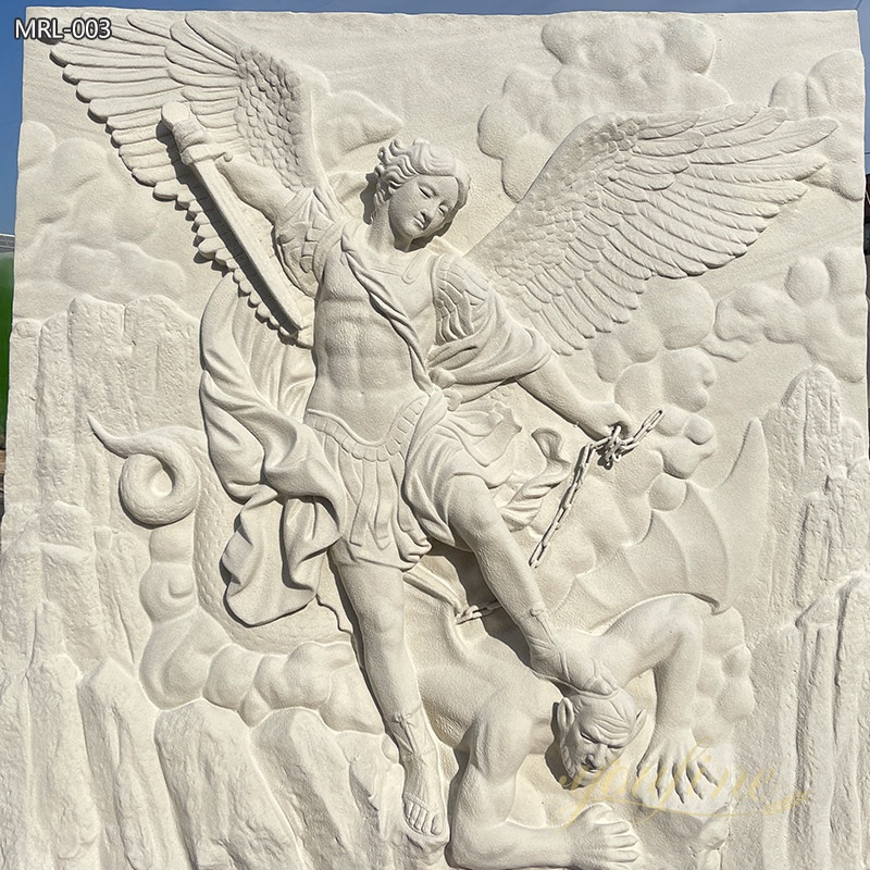 Hand-Carved Natural Marble Relief St. Michael Sculpture for Wall