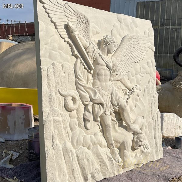 Hand-Carved Natural Stone St. Michael the Archangel Relief Sculpture for Wall