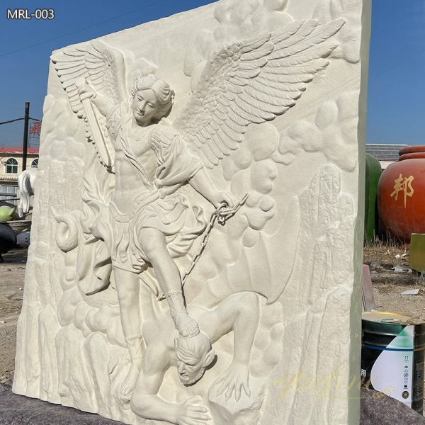 Hand-Carved Natural Stone St. Michael the Archangel Relief Sculpture for Wall