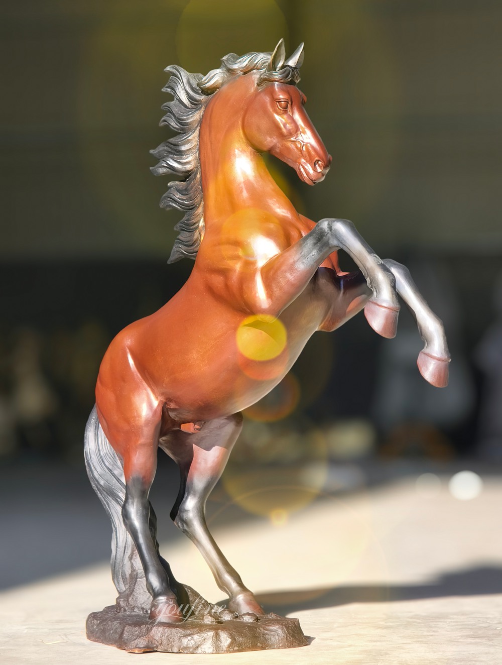 Glossy Chestnut Rearing Bronze Horse Statue
