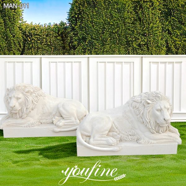 Hot Design Marble Lying Lion Statue in Pair Garden Decor