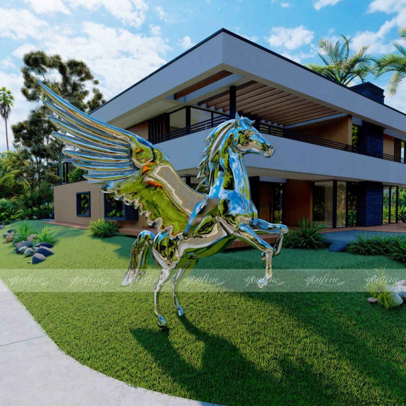 polished metal winged horse sculpture