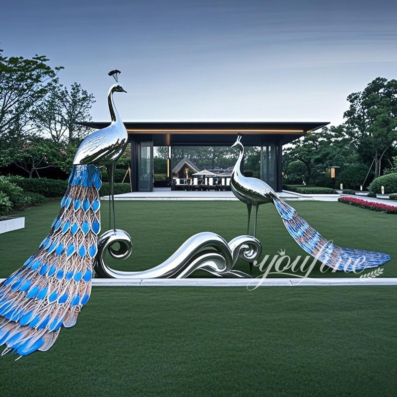 modern stainless steel peacock sculpture