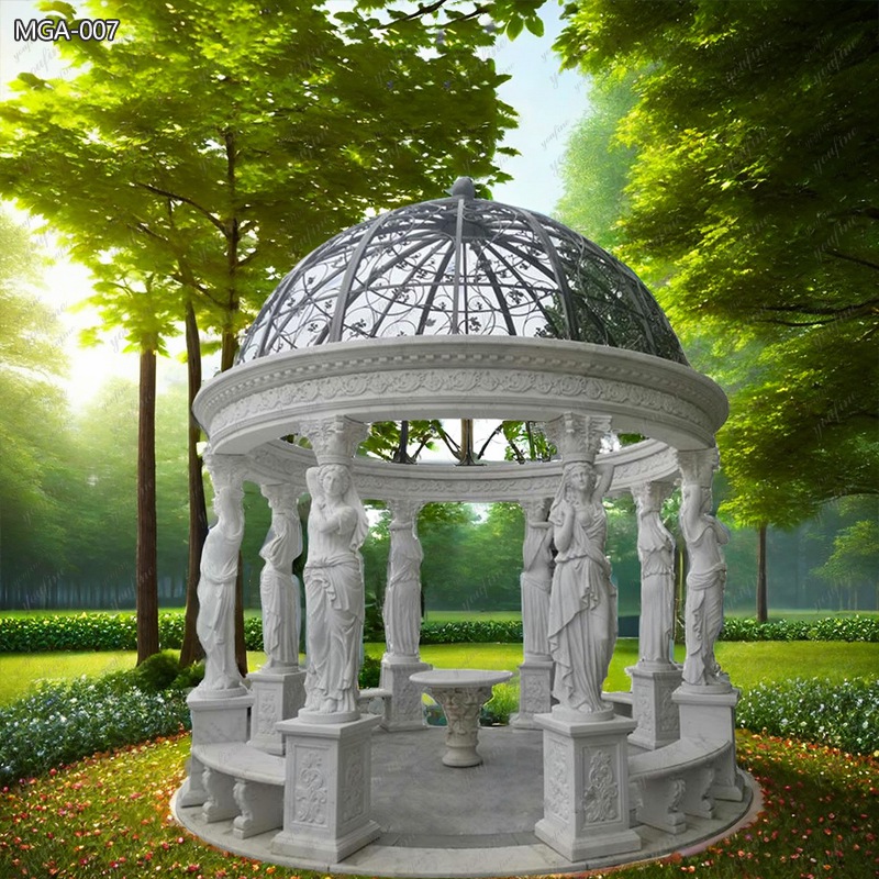 Customized Round Marble Gazebo With Carved Maidens