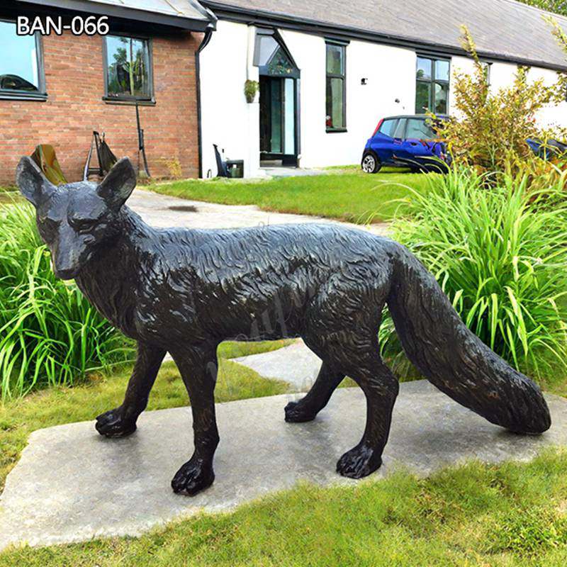 Life Size Black Patina Bronze Fox Sculpture Garden Ornament