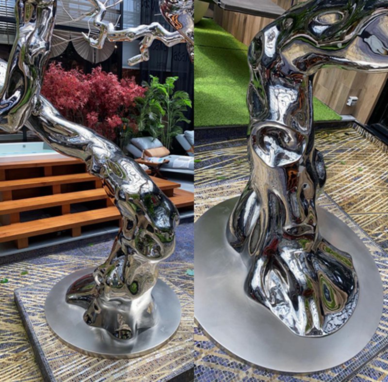 finished stainless steel tree sculpture mirror polished details