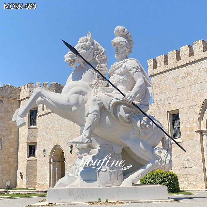 Large Roman White Marble Warrior Statue with Horse MOKK-690