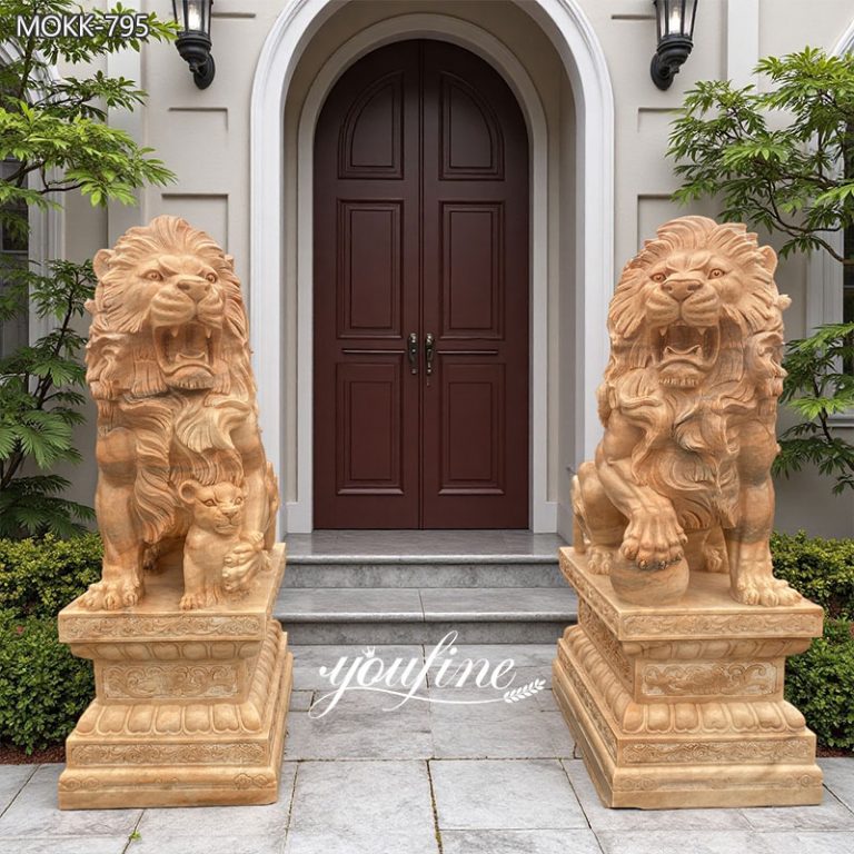 Large Natural Marble Guardian Lion Statue for Outdoor Entrance MOKK-795