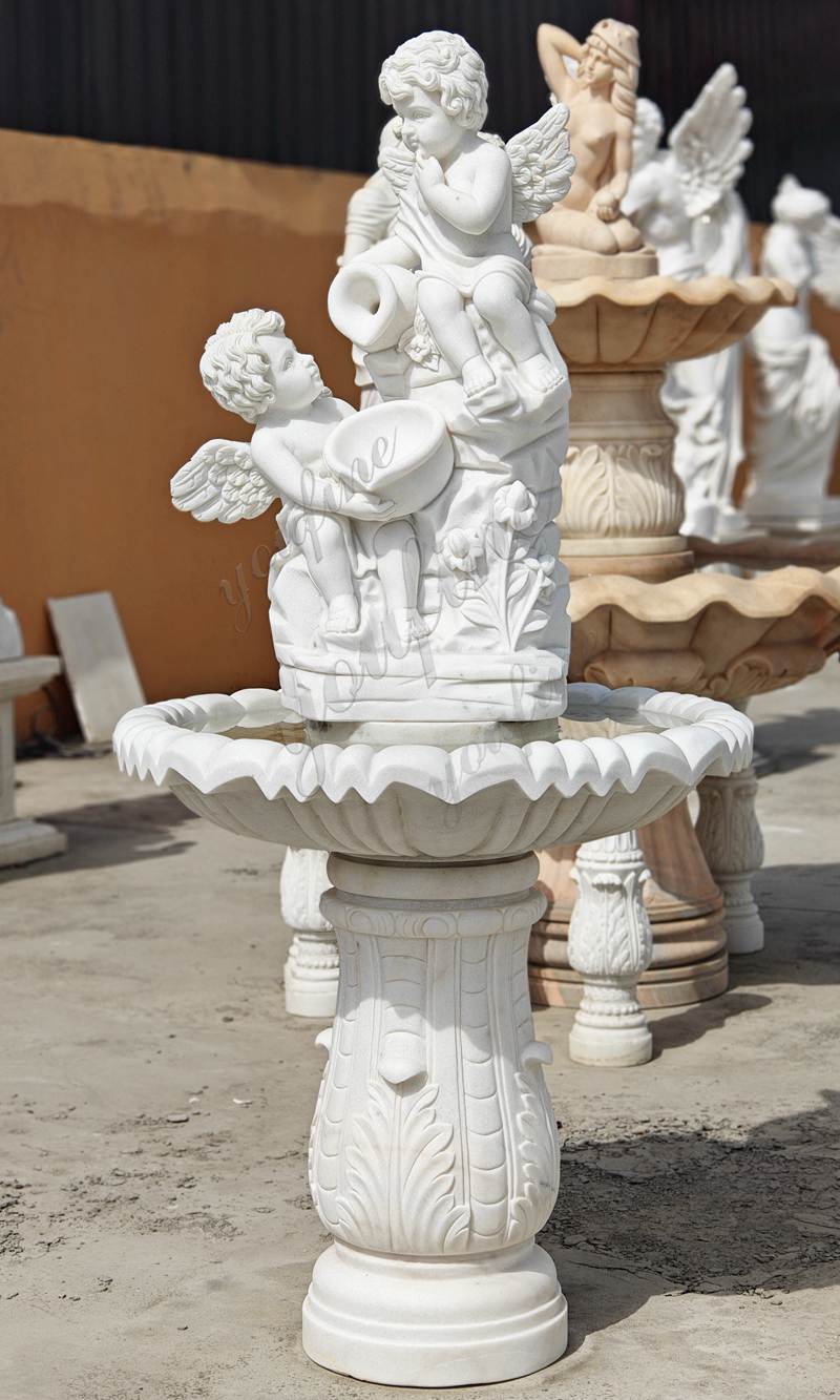 Marble Garden Wall Fountain with Cherub Statues