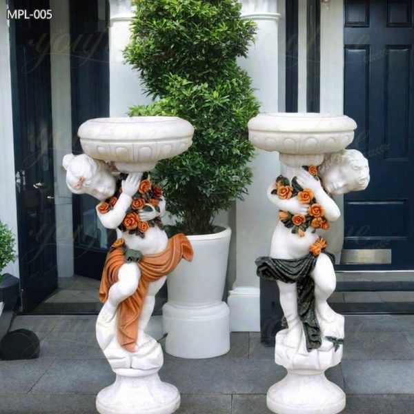 Natural Marble Boy and Girl Statue Flower Pot