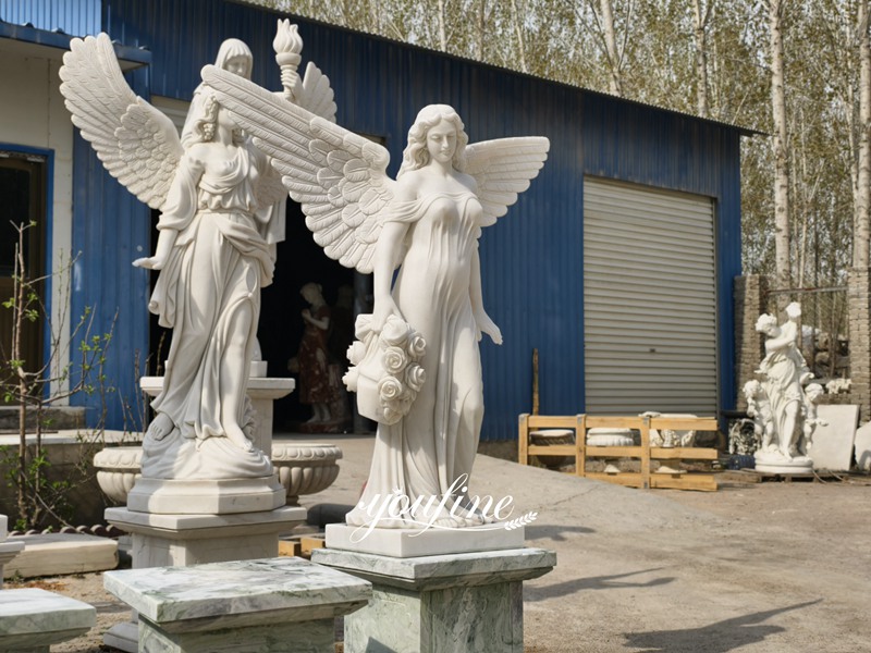 White Marble Female Angel Statue with Bouquet