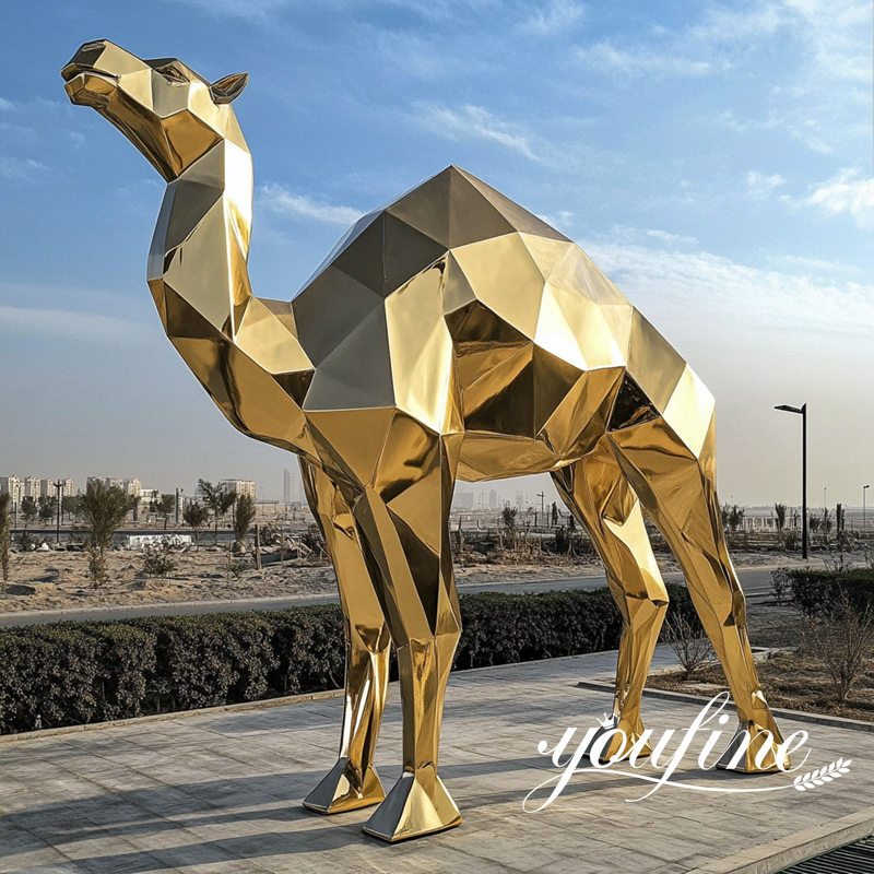 golden stainless steel camel sculpture