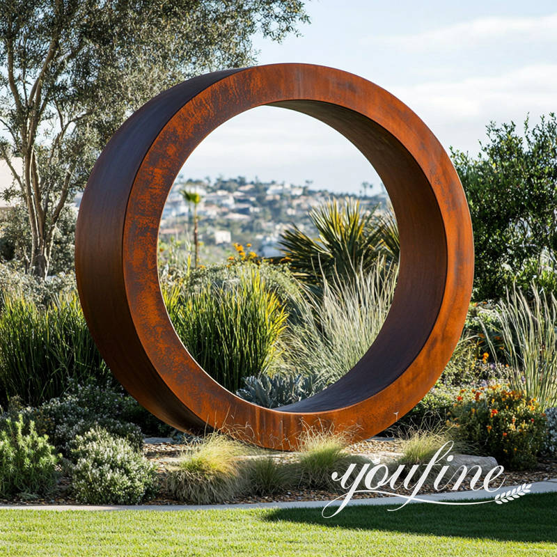 modern corten circle garden sculpture