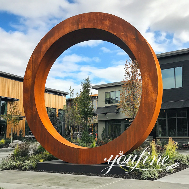 outdoor large corten steel cricle sculpture