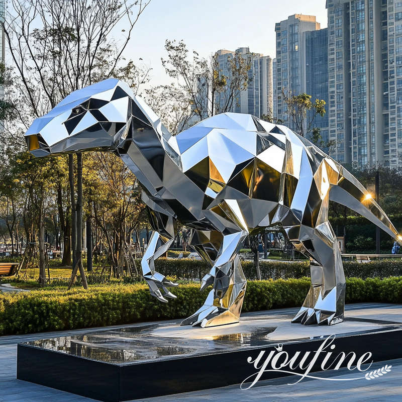 high polished metal dinosaur statue