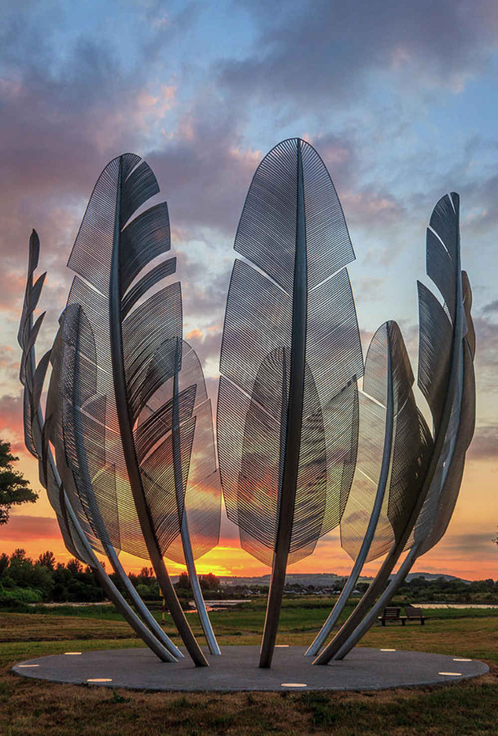 outdoor stainless steel feather sculpture