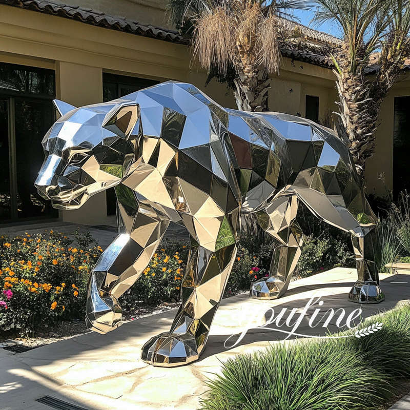 mirror polished stainless steel leopard statue