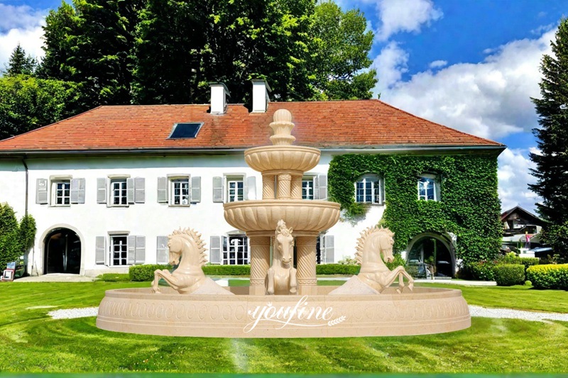 Beige marble horse sculpture fountain