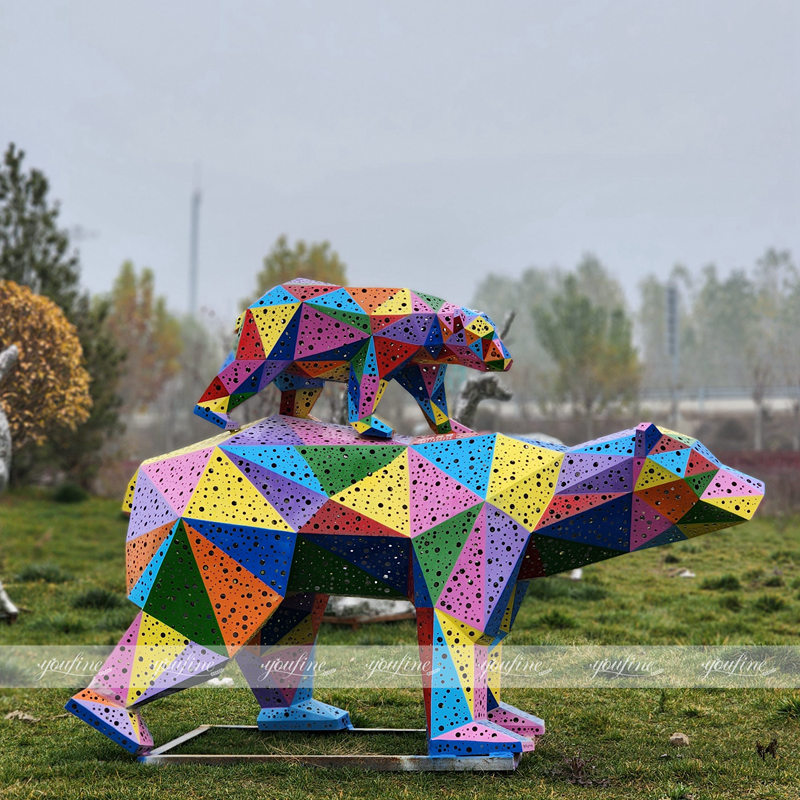 geometric colorful stainless steel bear sculpture