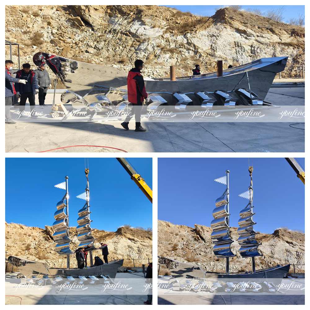 large boat sculpture pre-installation process