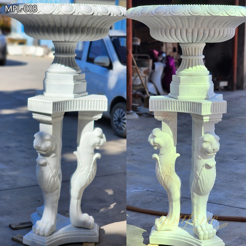 details of Hand Carved Marble Lion Pedestals Planter