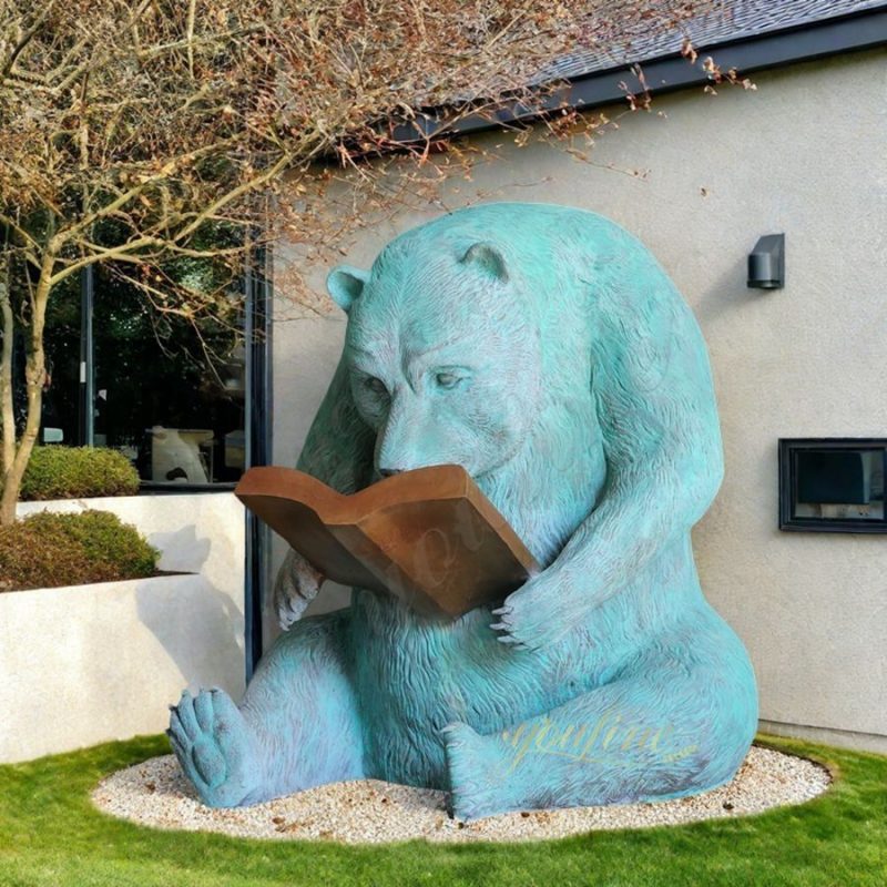 Large Bronze Reading Bear Statue