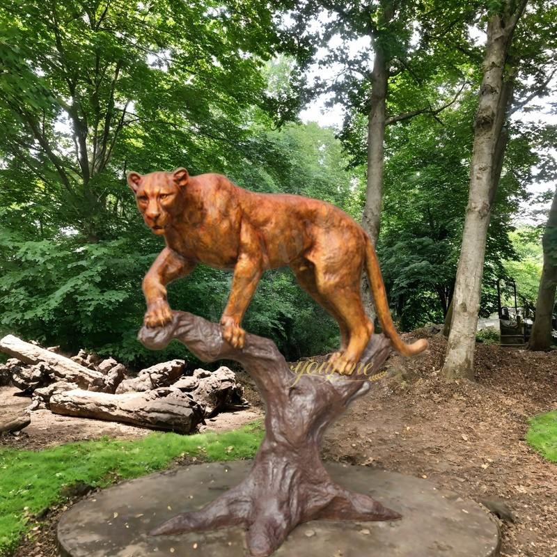 Bronze Puma Statue Climbing On a Tree Stump BAN-364