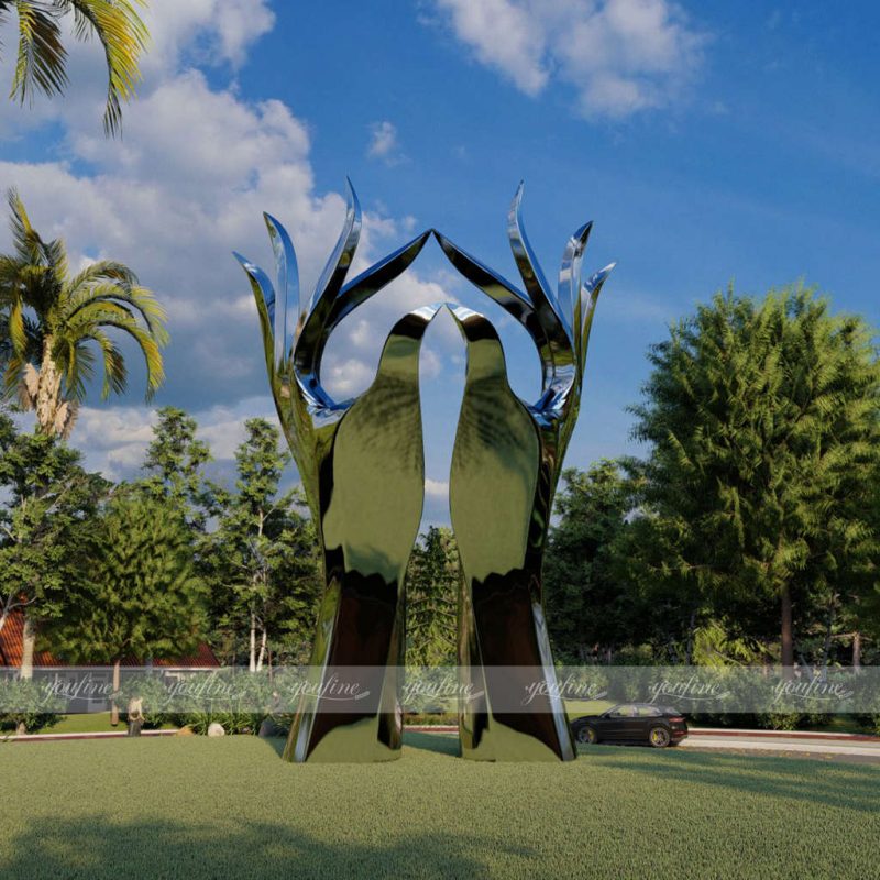 modern mirror metal hand sculpture