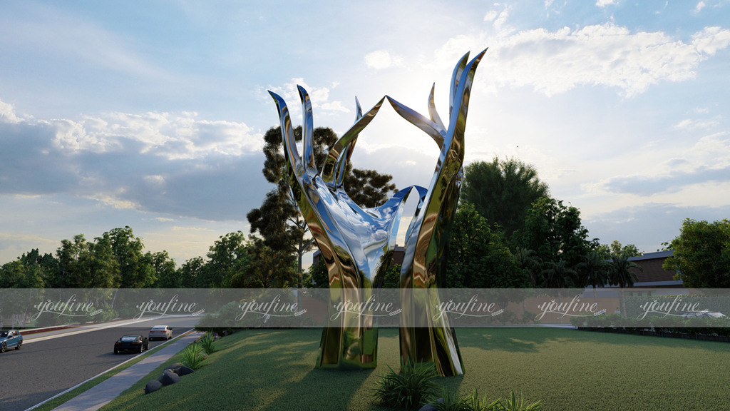 modern metal hand sculpture for outdoors
