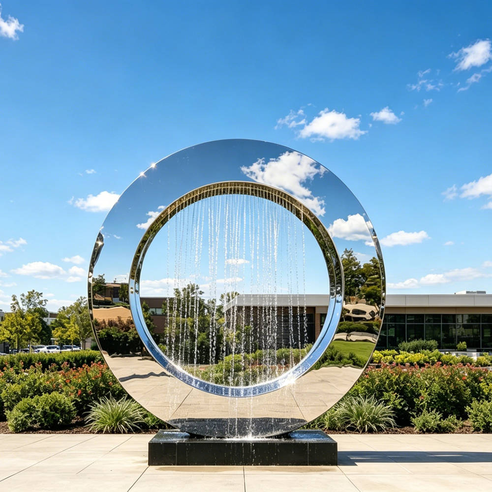 Commercial plaza stainless steel water feature sculpture