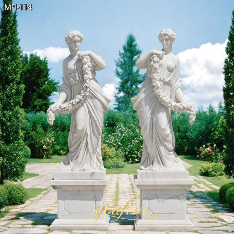 White Marble Female Statue Holding Flower for Sale