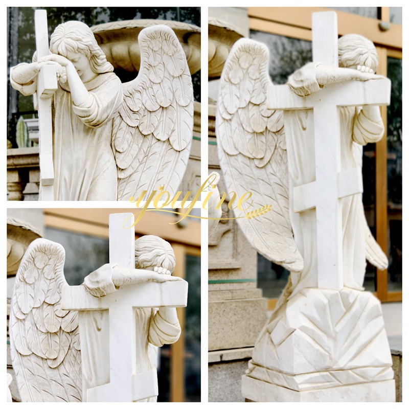 Marble gravestone angel with cross statue details