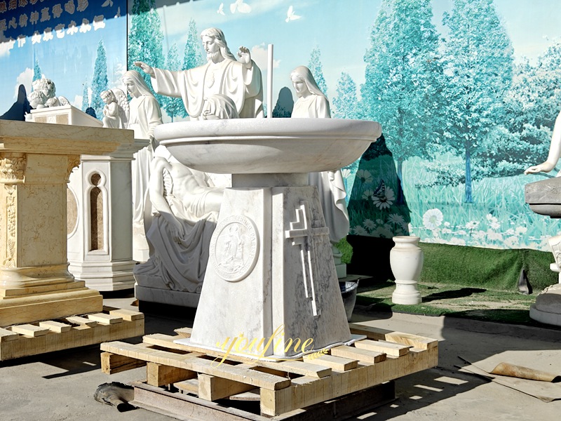 Round white Marble baptismal font for Catholic church