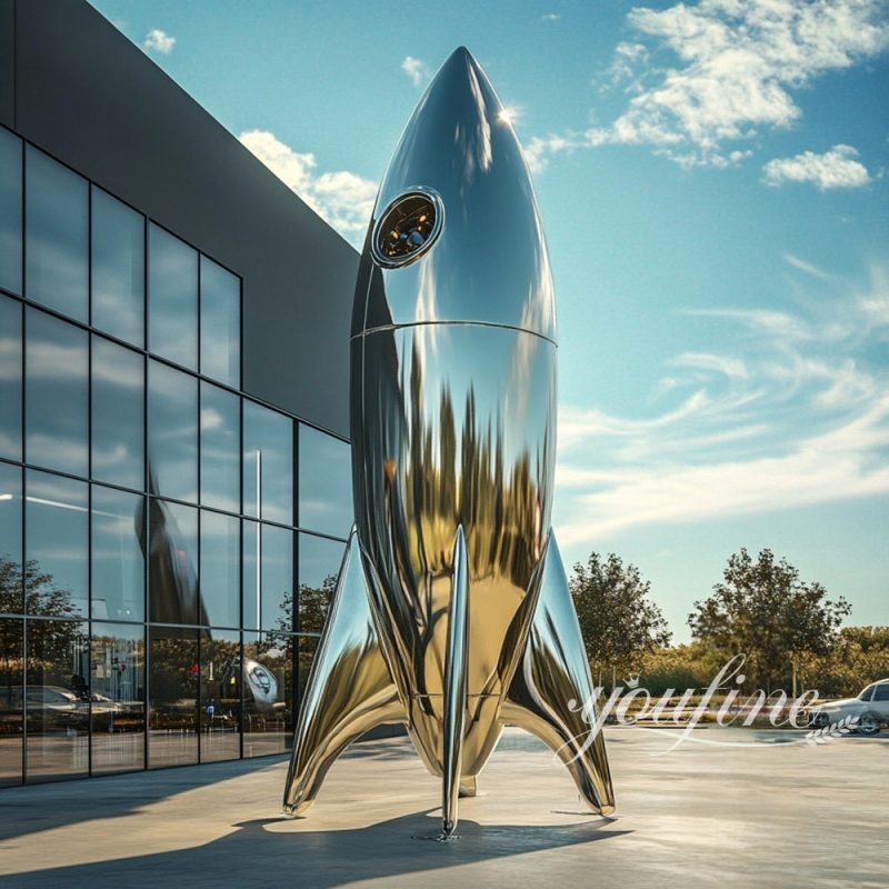 large stainless steel rocket sculpture