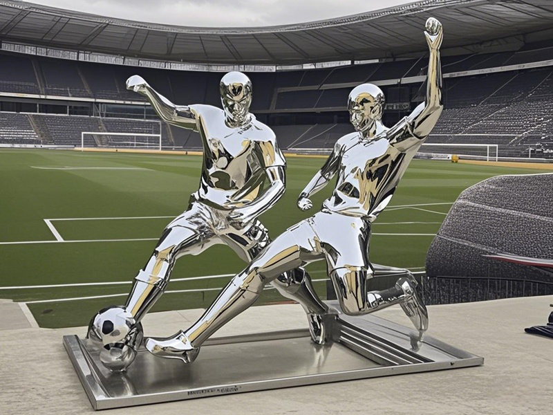 metal human playing soccer sculpture