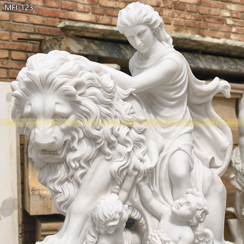 Greek Marble Goddess riding lion statue
