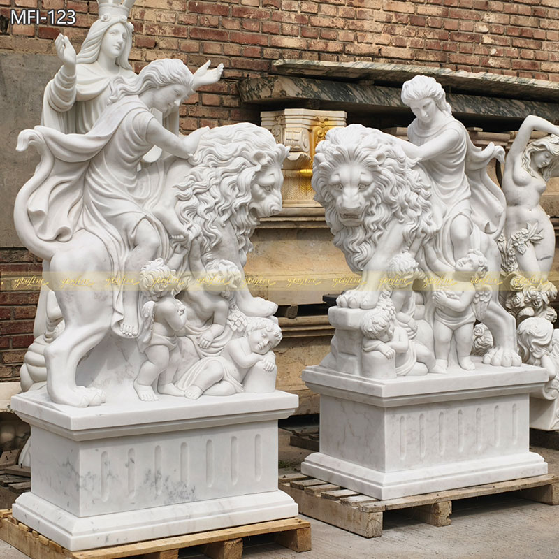 Marble Goddess riding lion statues