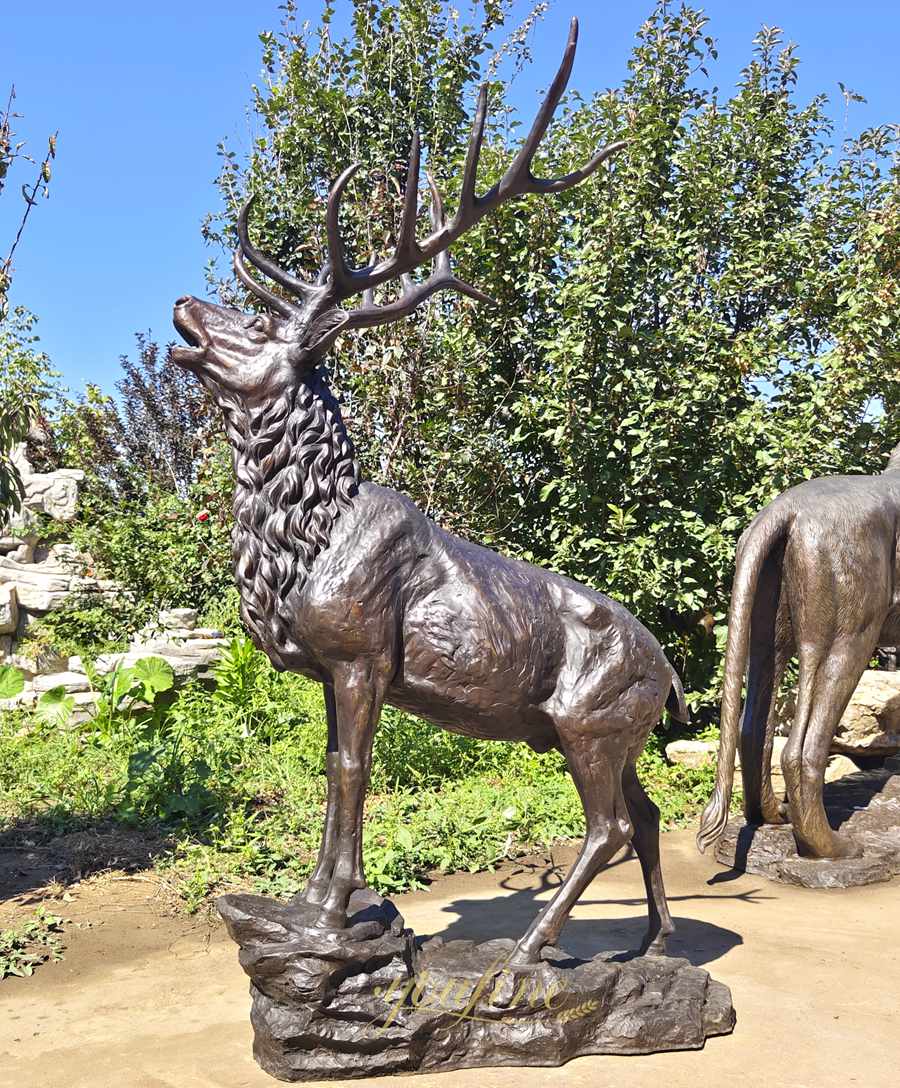 Top 2 Standing Bronze Stag Statues on Rock Bases