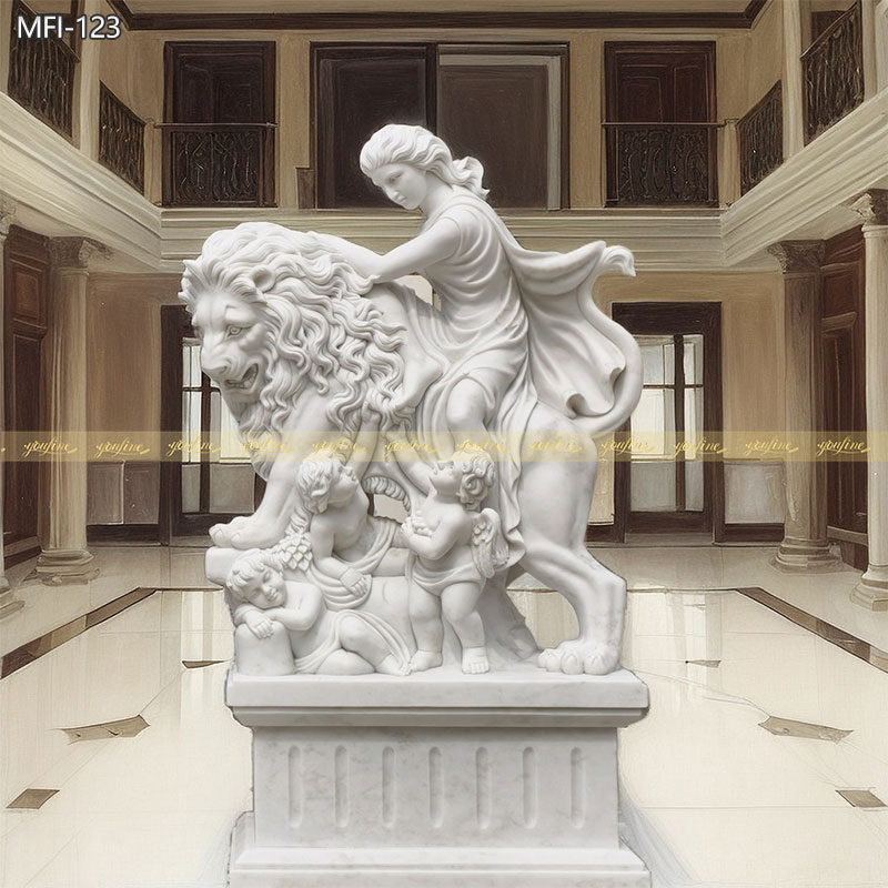 hand carved Greek Marble Goddess riding lion statue