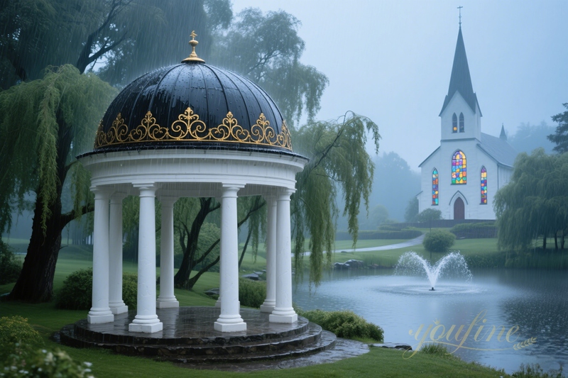 large marble gazebo with black top in rainy day